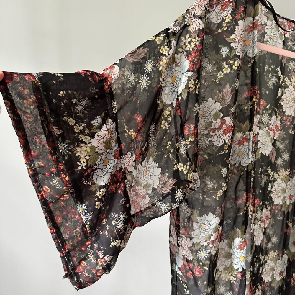 Boho Long Festival Kimono Floral Ruffle Sheer Artsy in One Size fairycore OS - Picture 3 of 6